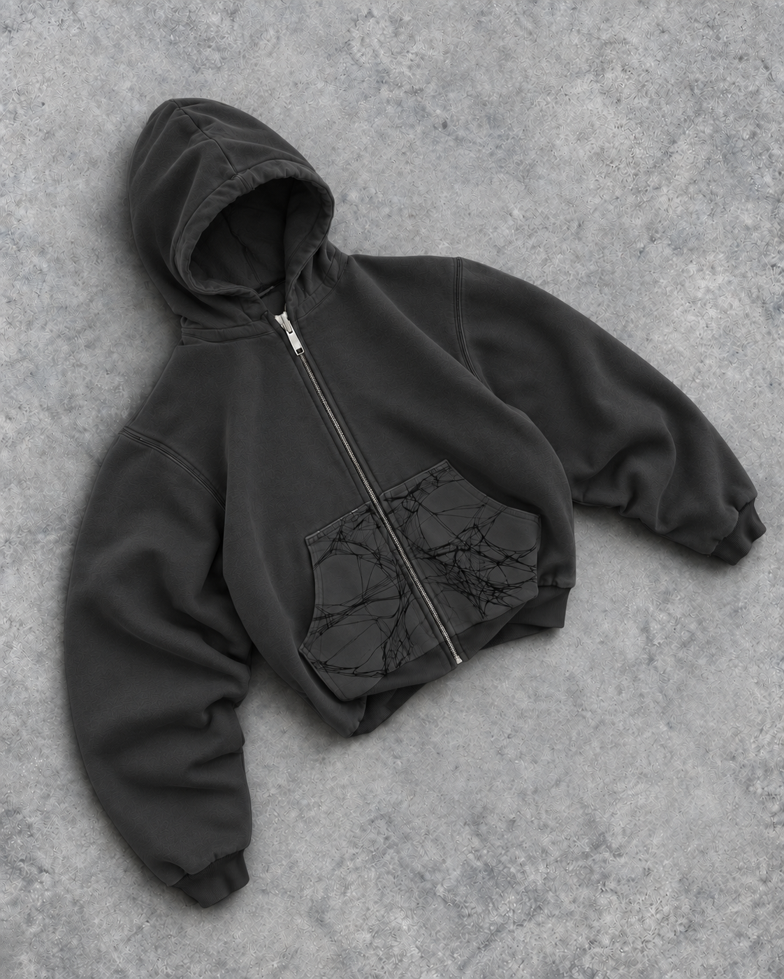 Grey Webster Ct. Zip-Up Hoodie angled view with spiderweb pocket panels
