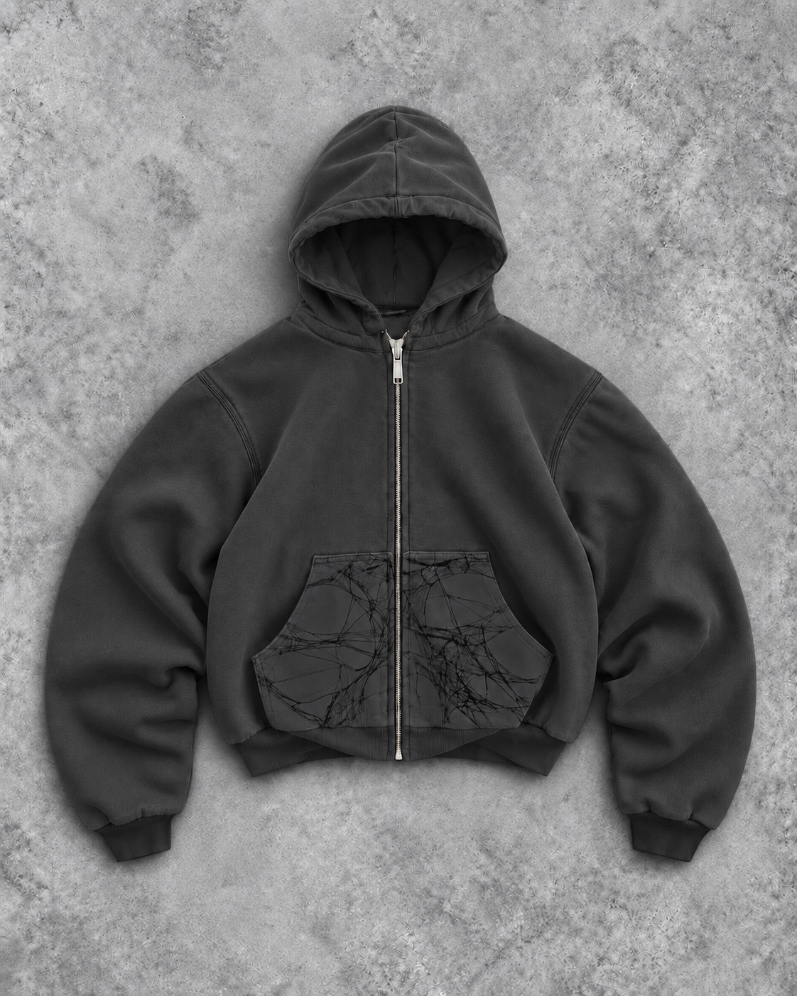 Grey Webster Ct. Zip-Up Hoodie front view with spiderweb pocket panels