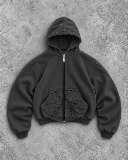 Grey Webster Ct. Zip-Up Hoodie front view with spiderweb pocket panels