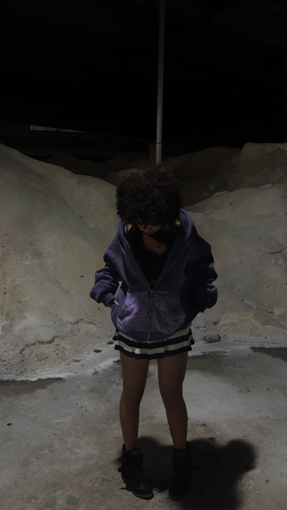 Mamba purple zip-up hoodie with spiderweb pocket panels, styled on a model